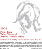 Miura Vineyards Talley Vineyard Pinot Noir 2008 Front Label