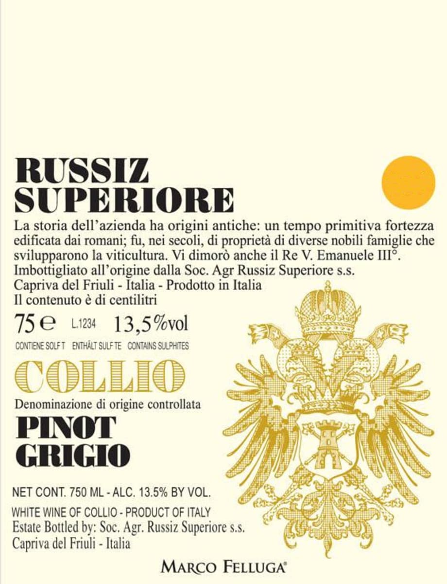 Russiz Superiore Pinot Grigio 2012 Front Label