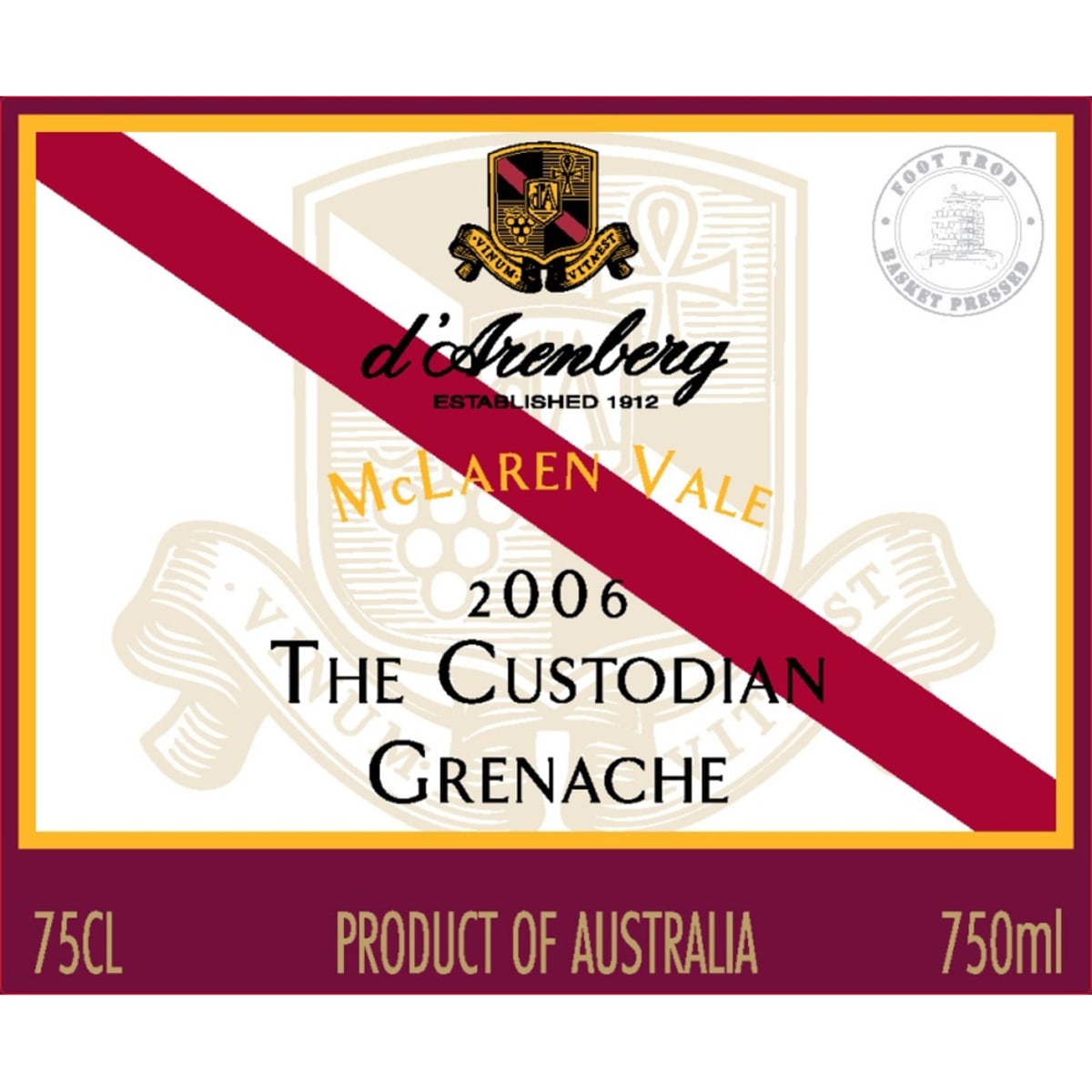 d'Arenberg The Custodian Grenache 2006 Front Label