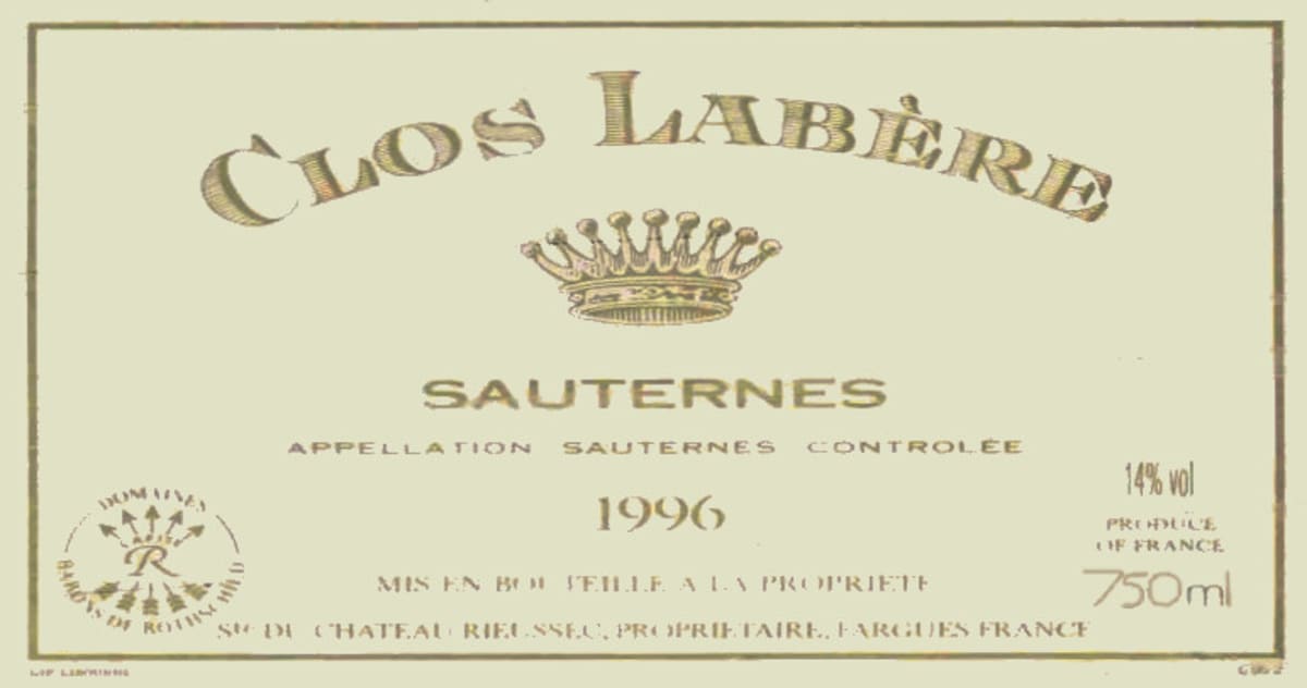 Chateau Rieussec Sauternes Clos Labere 1996  Front Label
